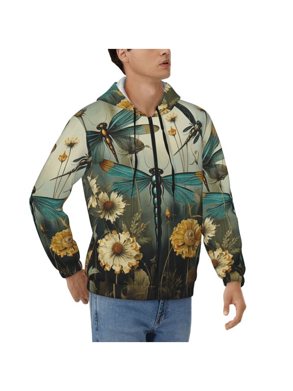 Men's Full Zip Hoodie, Hooded Sweatshirt Jacket Coat , Dragonflies Painting Vintage Print
