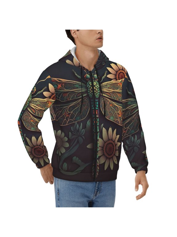 Men's Full Zip Hoodie, Hooded Sweatshirt Jacket Coat , Dragonfly Flower Retro Vintage Print