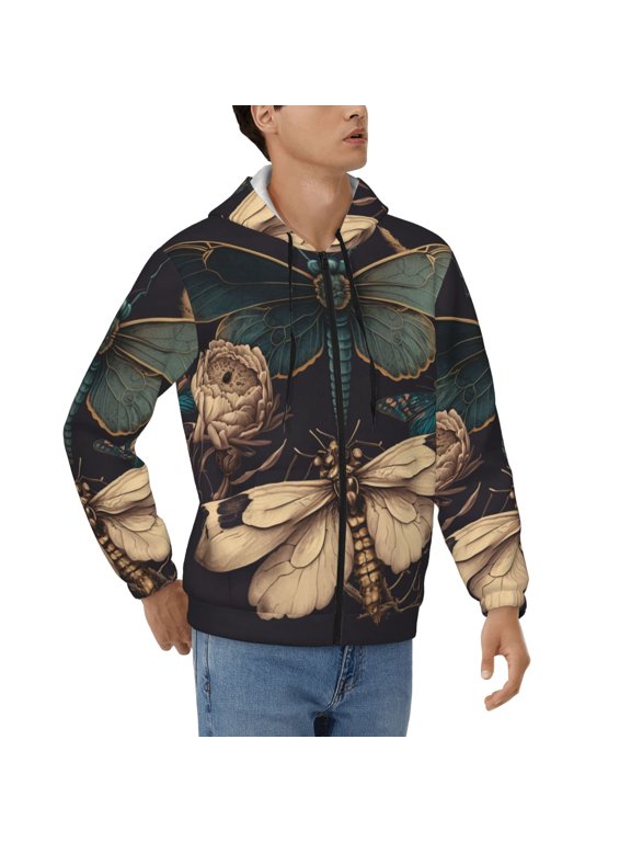 Men's Full Zip Hoodie, Hooded Sweatshirt Jacket Coat , Dragonfly Moth Vintage Butterfly Print