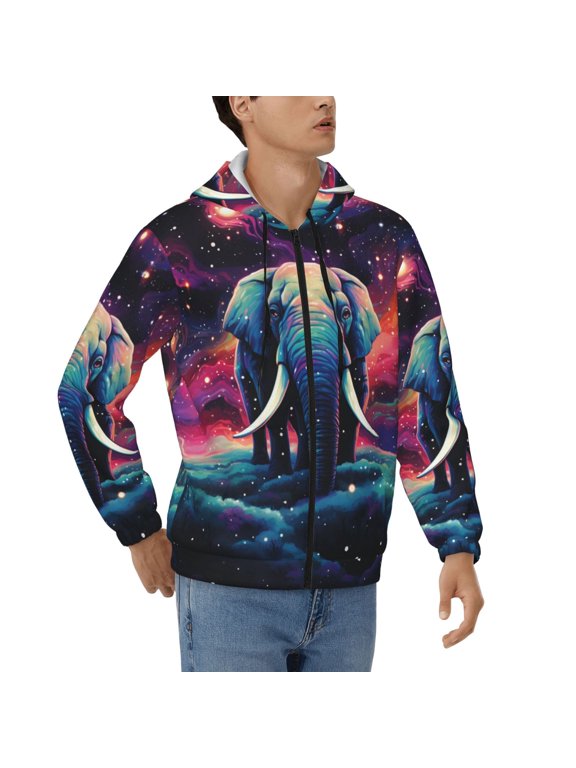 Men's Full Zip Hoodie, Hooded Sweatshirt Jacket Coat , Elephant Indian Starry Psychedelic Art Print