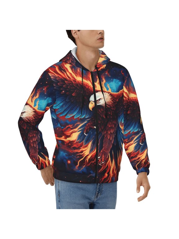 Men's Full Zip Hoodie, Hooded Sweatshirt Jacket Coat , Flaming Eagle Fire Art Print