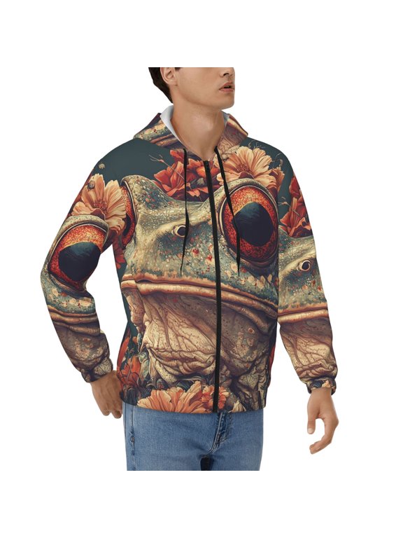 Men's Full Zip Hoodie, Hooded Sweatshirt Jacket Coat , Frog Hippie Skull Funny Print