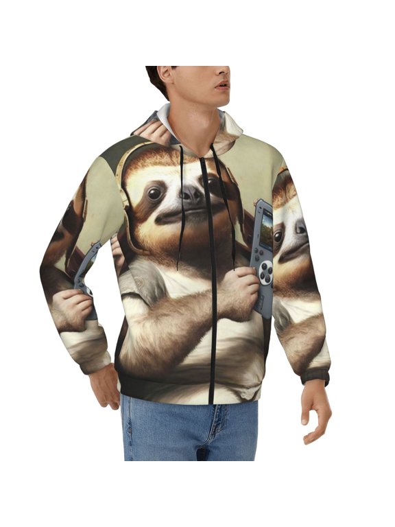 Men's Full Zip Hoodie, Hooded Sweatshirt Jacket Coat , Funny Sloth Play Games Galaxy Space Print