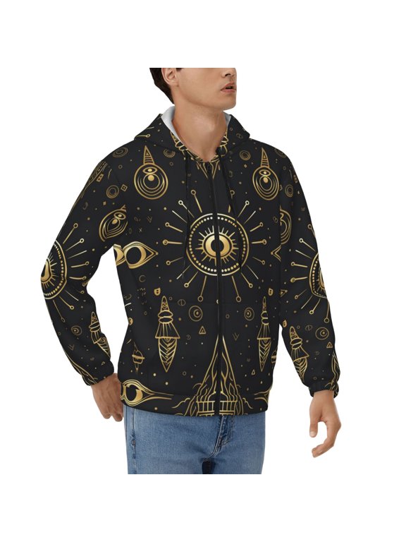 Men's Full Zip Hoodie, Hooded Sweatshirt Jacket Coat , Golden Egyptian Eyes Egypt Hieroglyphs Black Print