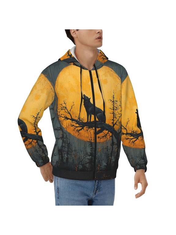 Men's Full Zip Hoodie, Hooded Sweatshirt Jacket Coat , Howling Wolf Moon Night Vintage Print