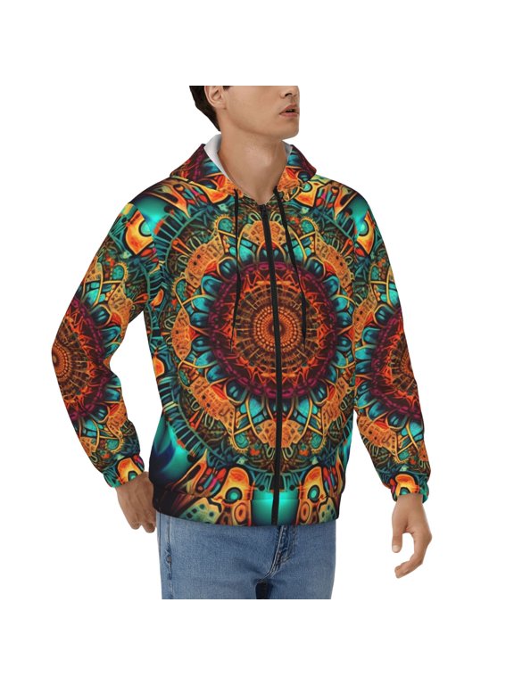 Men's Full Zip Hoodie, Hooded Sweatshirt Jacket Coat , Kaleidoscope Psychedelic Trippy Cool Print