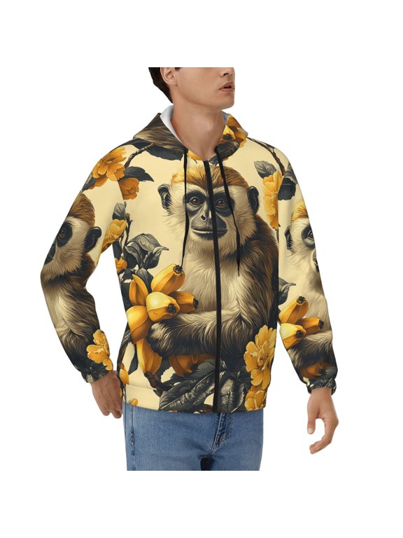 Men's Full Zip Hoodie, Hooded Sweatshirt Jacket Coat , Monkey Banana Patterns Vintage Print