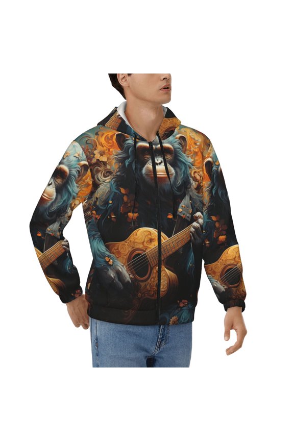 Men's Full Zip Hoodie, Hooded Sweatshirt Jacket Coat , Monkey Playing Guitar Art Print