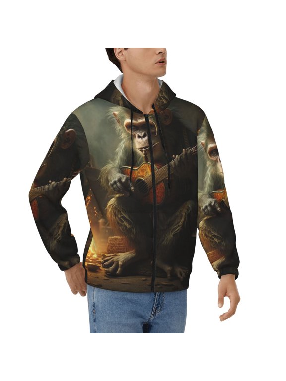 Men's Full Zip Hoodie, Hooded Sweatshirt Jacket Coat , Monkey Playing Guitar Funny Print