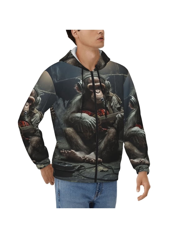 Men's Full Zip Hoodie, Hooded Sweatshirt Jacket Coat , Monkey Playing Guitar Music Print