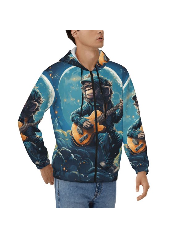 Men's Full Zip Hoodie, Hooded Sweatshirt Jacket Coat , Monkey Playing Guitar Starry Print