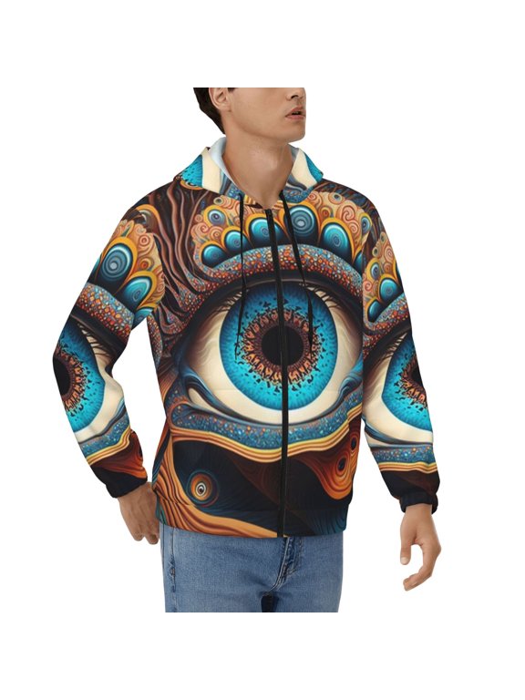 Men's Full Zip Hoodie, Hooded Sweatshirt Jacket Coat , Mushroom Swirls Eyes Psychedelic Art Print