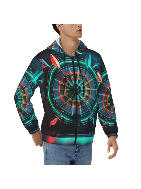 Men's Full Zip Hoodie, Hooded Sweatshirt Jacket Coat , Neon Dartboard Target Center Psychedelic Print