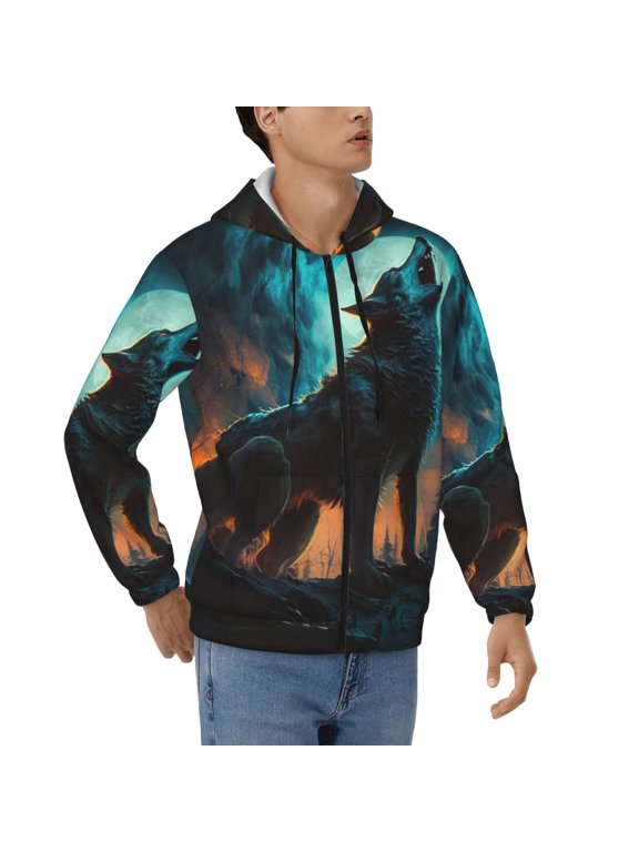 Men's Full Zip Hoodie, Hooded Sweatshirt Jacket Coat , Night Howling Cool Werewolf Print