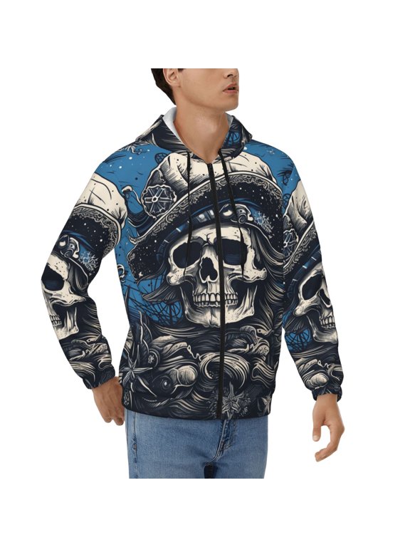 Men's Full Zip Hoodie, Hooded Sweatshirt Jacket Coat , Pirate Captain Skull Cool Art Print