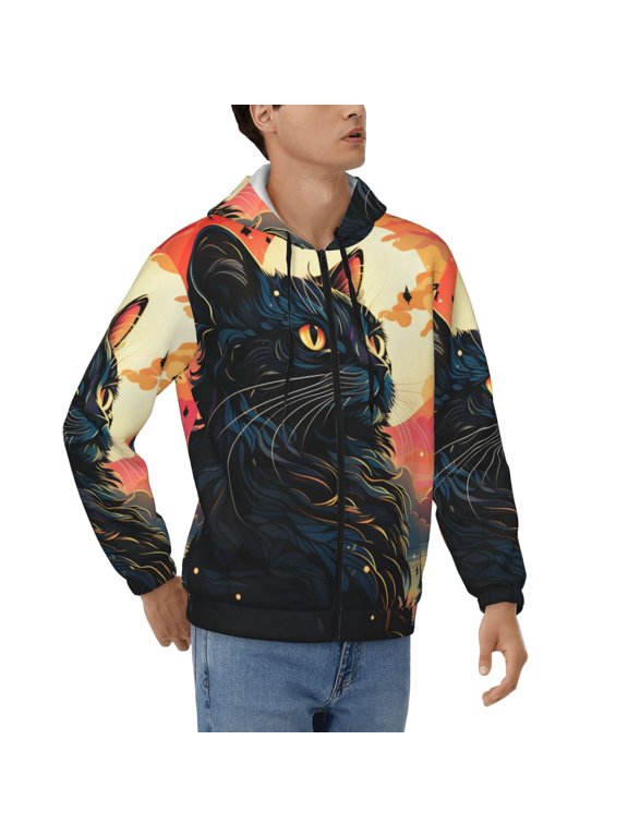 Men's Full Zip Hoodie, Hooded Sweatshirt Jacket Coat , Psychedelic Cat Cool Art Print