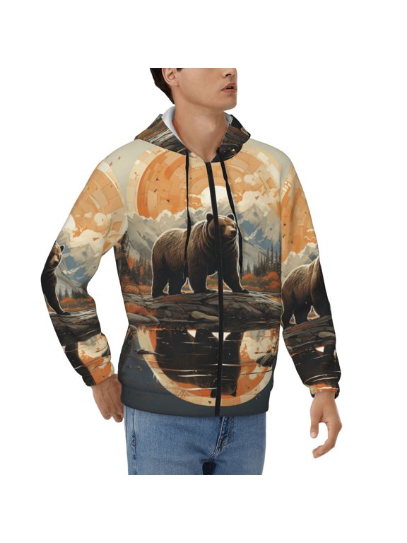 Men's Full Zip Hoodie, Hooded Sweatshirt Jacket Coat , Rustic Lodge Bear Southwestern Cabin Retro Print