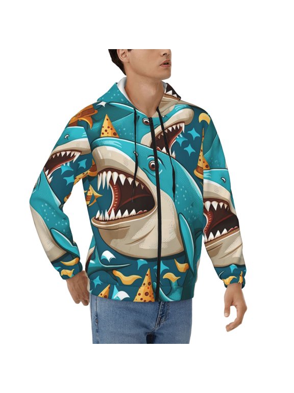Men's Full Zip Hoodie, Hooded Sweatshirt Jacket Coat , Shark Pizza Party Funny Print