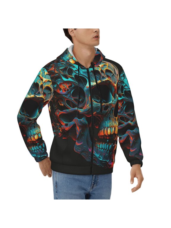 Men's Full Zip Hoodie, Hooded Sweatshirt Jacket Coat , Skull Head Psychedelic Cool Print
