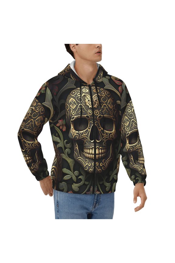 Men's Full Zip Hoodie, Hooded Sweatshirt Jacket Coat , Skulls Head Gothic Golden Skull Print