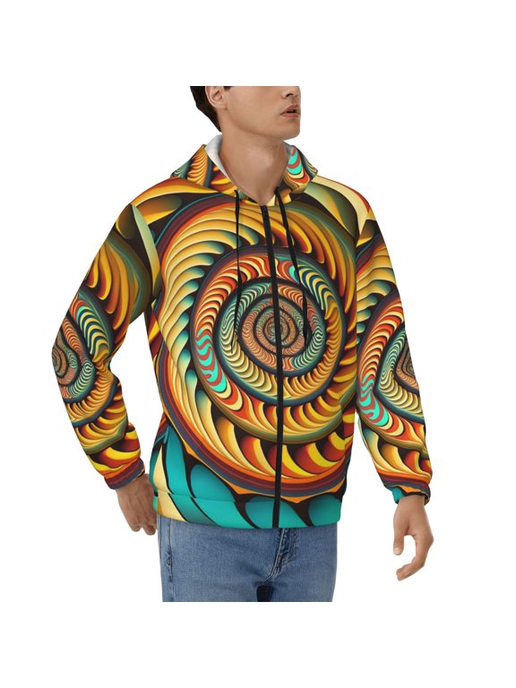 Men's Full Zip Hoodie, Hooded Sweatshirt Jacket Coat , Spiral Trippy Illusion Optical Psychedelic Print