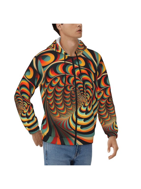 Men's Full Zip Hoodie, Hooded Sweatshirt Jacket Coat , Spiral Trippy Illusion Psychedelic Optical Print