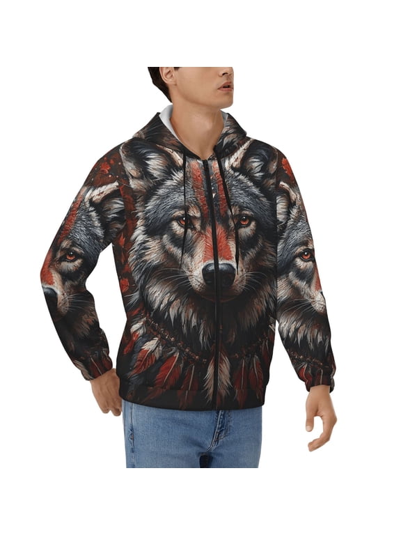 Men's Full Zip Hoodie, Hooded Sweatshirt Jacket Coat , Tribal Ethnic Wolf Print