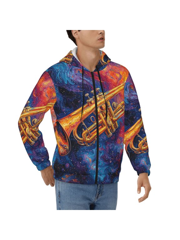 Men's Full Zip Hoodie, Hooded Sweatshirt Jacket Coat , Trumpet Music Psychedelic Print