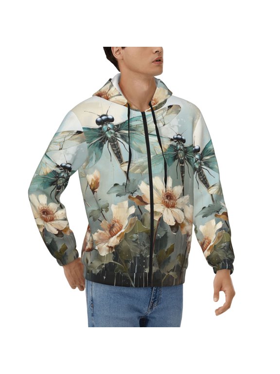 Men's Full Zip Hoodie, Hooded Sweatshirt Jacket Coat , Vintage Dragonfly Dragonflies Painting Print