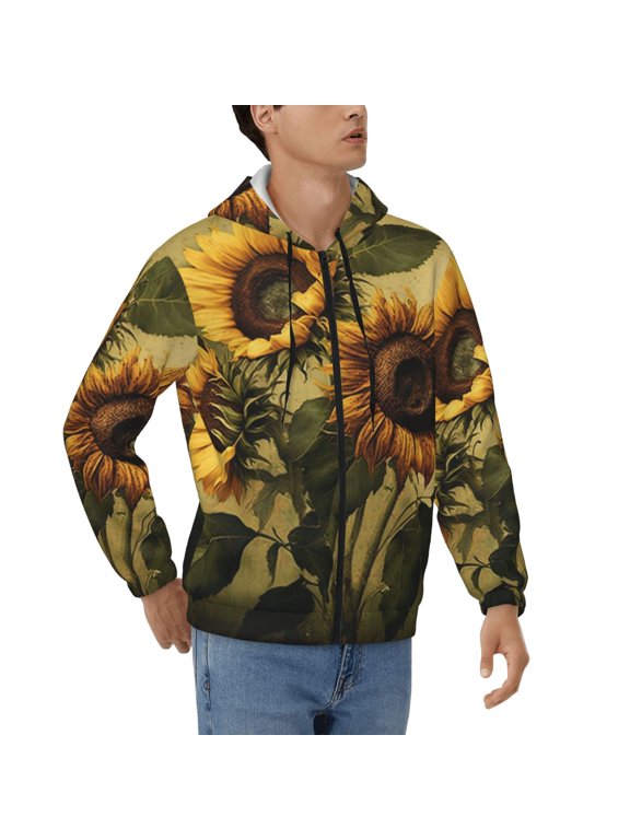 Men's Full Zip Hoodie, Hooded Sweatshirt Jacket Coat , Vintage Sunflowers Sunflower Art Print