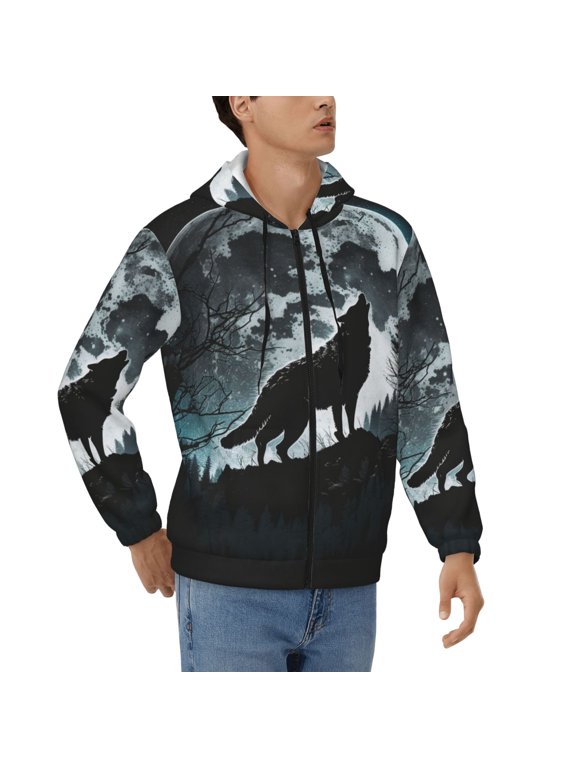 Men's Full Zip Hoodie, Hooded Sweatshirt Jacket Coat , Wolf Howling Full Moon Black Print