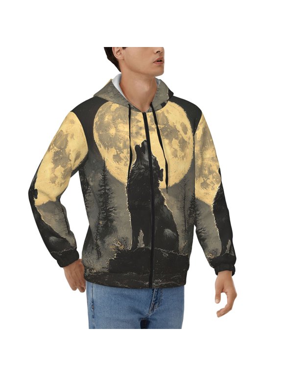 Men's Full Zip Hoodie, Hooded Sweatshirt Jacket Coat , Wolf Howling Vintage Moon Night Print