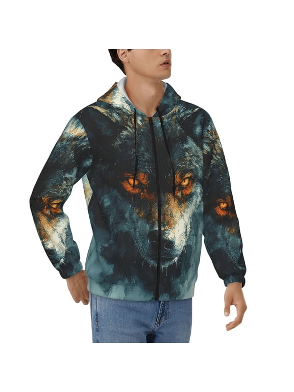Men's Full Zip Hoodie, Hooded Sweatshirt Jacket Coat , Wolf Painting Watercolor Print