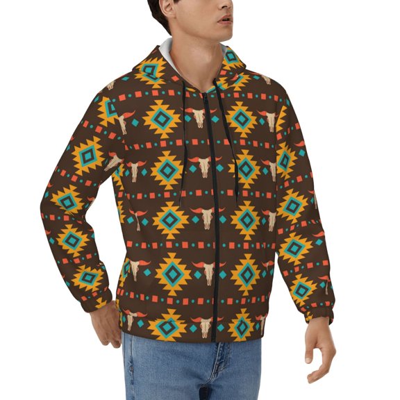 Men's Full Zip Hoodie, Hooded Sweatshirt Jacket with Pocket , Cowboy Western Native Print