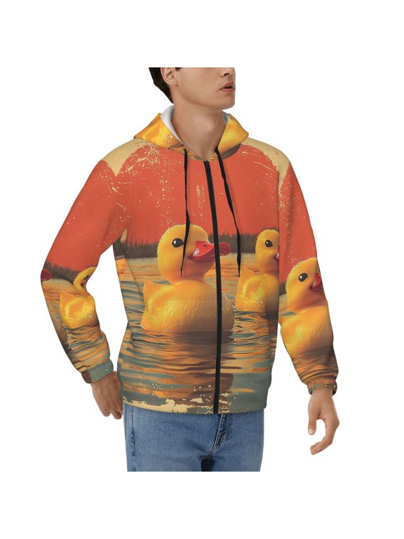 Men's Full Zip Hoodie, Hooded Sweatshirt Jacket with Pocket , Cute Yellow Rubber Ducks Retro Print