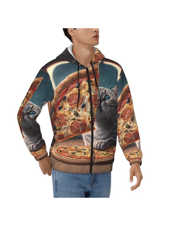 Men's Full Zip Hoodie, Hooded Sweatshirt Jacket with Pocket , Funny Cat Loves Pizza Art Print