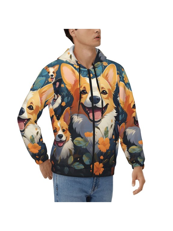 Men's Full Zip Hoodie, Hooded Sweatshirt Jacket with Pocket , Funny Cute Corgi Art Print