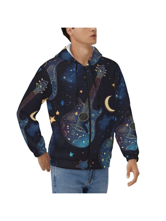 Men's Full Zip Hoodie, Hooded Sweatshirt Jacket with Pocket , Guitar Moon Stars Art Print