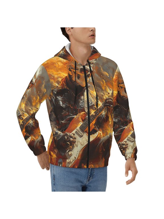 Men's Full Zip Hoodie, Hooded Sweatshirt Jacket with Pocket , Heavy Metal Rock Music Fire Skull Flame Print