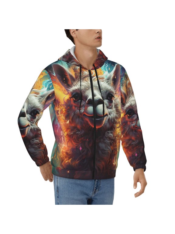 Men's Full Zip Hoodie, Hooded Sweatshirt Jacket with Pocket , Llama Smoke Weed Funny Print