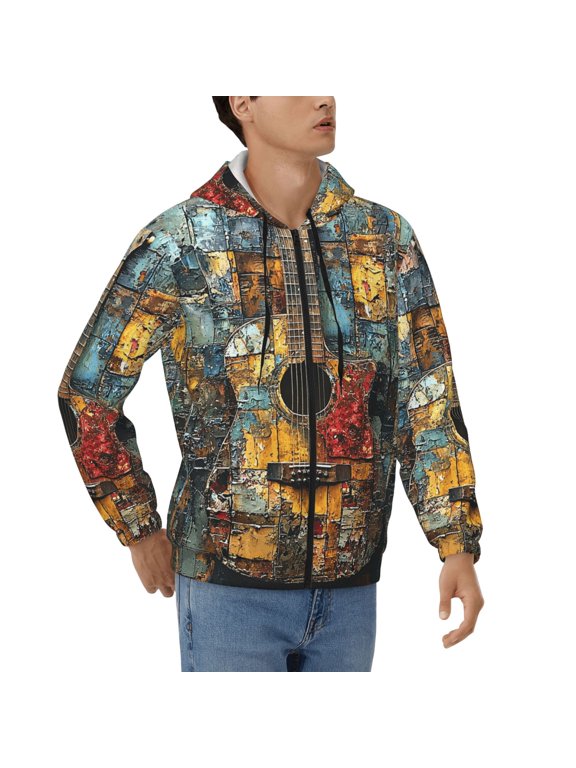 Men's Full Zip Hoodie, Hooded Sweatshirt Jacket with Pocket , Music Guitars Musical Instruments Print