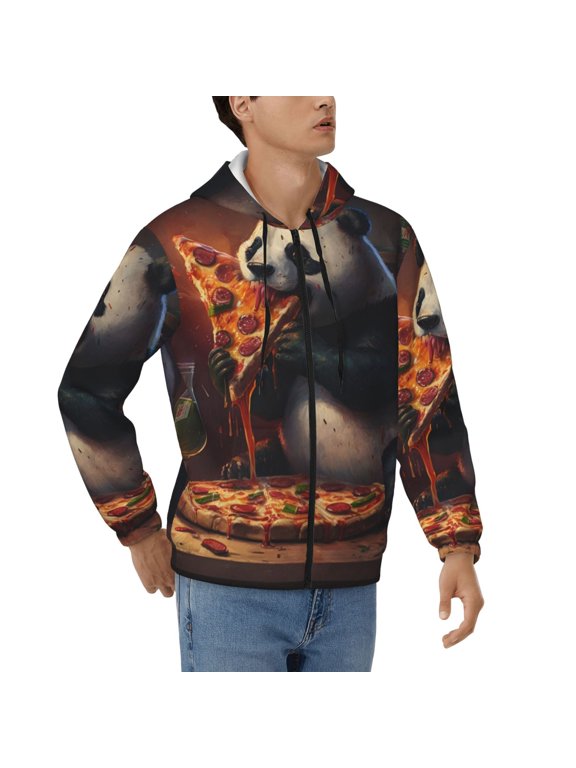 Men's Full Zip Hoodie, Hooded Sweatshirt Jacket with Pocket , Panda Pizza Loves Funny Print