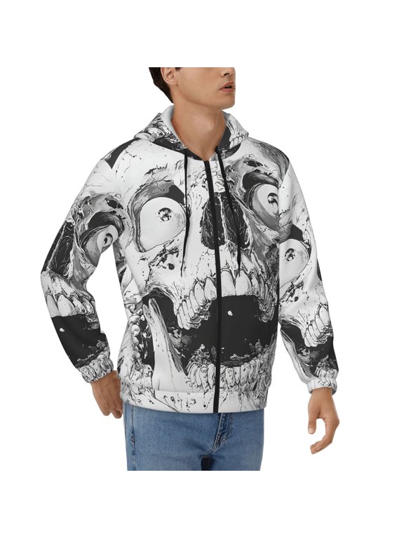 Men's Full Zip Hoodie, Hooded Sweatshirt Jacket with Pocket , Skull Eyes Smiles Art Print