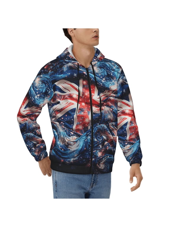 Men's Full Zip Hoodie, Hooded Sweatshirt Jacket with Pocket , Union Jack United Kingdom Flag Starry Print
