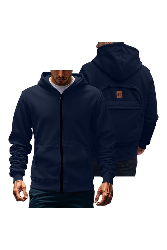 Men's Full Zip Hoodie Jacket Multi-Functional Sweatshirt with Back Backpack Pocket Design, Casual Long Sleeve Hooded Jacket