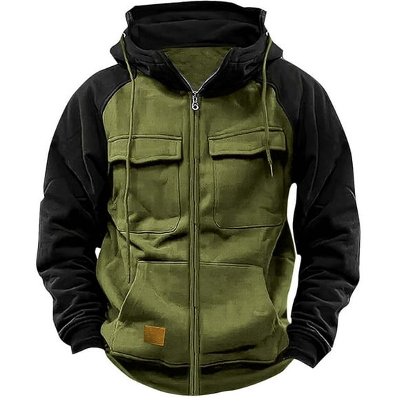 Men's Full-Zip Hoodie Jacket, Two-Tone Design, Comfortable and Warm with Multiple Pockets, Ideal for Casual Wear
