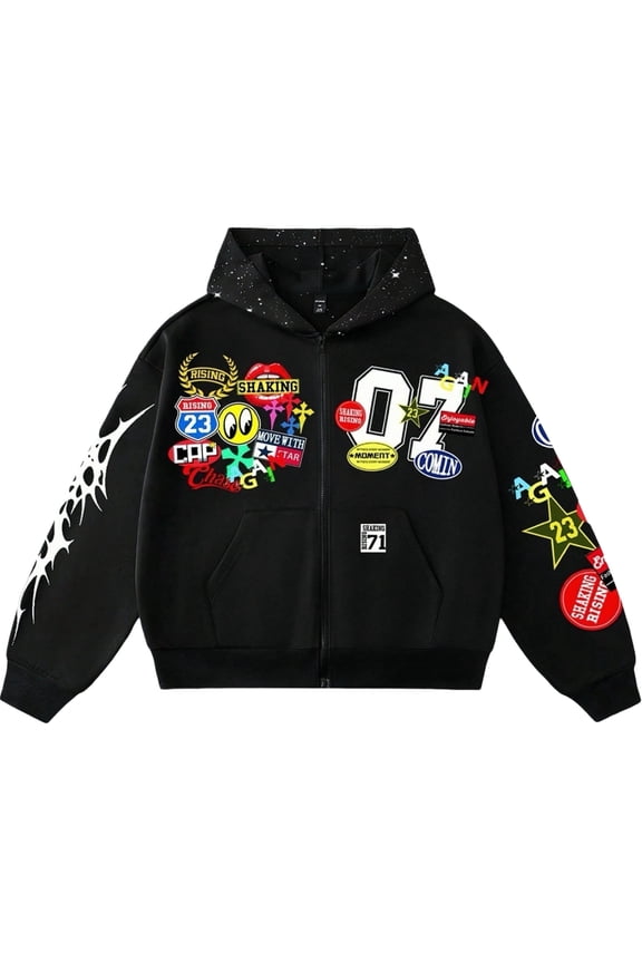 Men's Full Zip Hoodie Jacket - Y2K Oversized Hip Hop Graphic Print Kangaroo Pocket Sweatshirt, Winter, Black, M