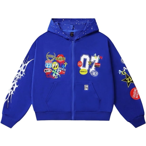 Men's Full Zip Hoodie Jacket - Y2K Oversized Hip Hop Graphic Print Kangaroo Pocket Sweatshirt, Winter, Blue, S