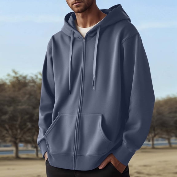 Men's Full Zip Hoodie Long Sleeve Hooded Sweatshirt Drawstring Hood Jacket (Blue XL)