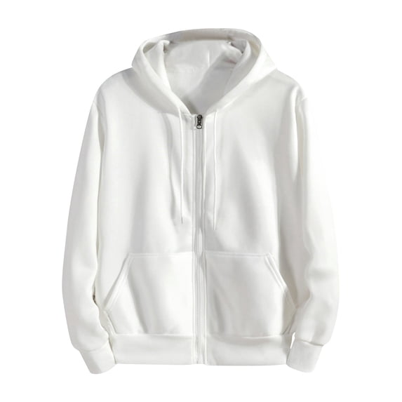 Men's Full-Zip Hoodie Long Sleeve Hooded Sweatshirt with Drawstrings Kangaroo Pocket Solid Top Soft Warm Comfortable Stretch for Versatile Fall Wear Gym Warm-Ups and Weekend Walks White L
